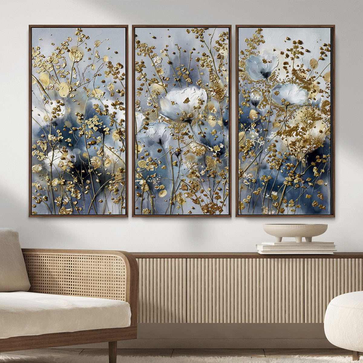 Abstract Floral Wall Art Canvas Print – Gold and Blue