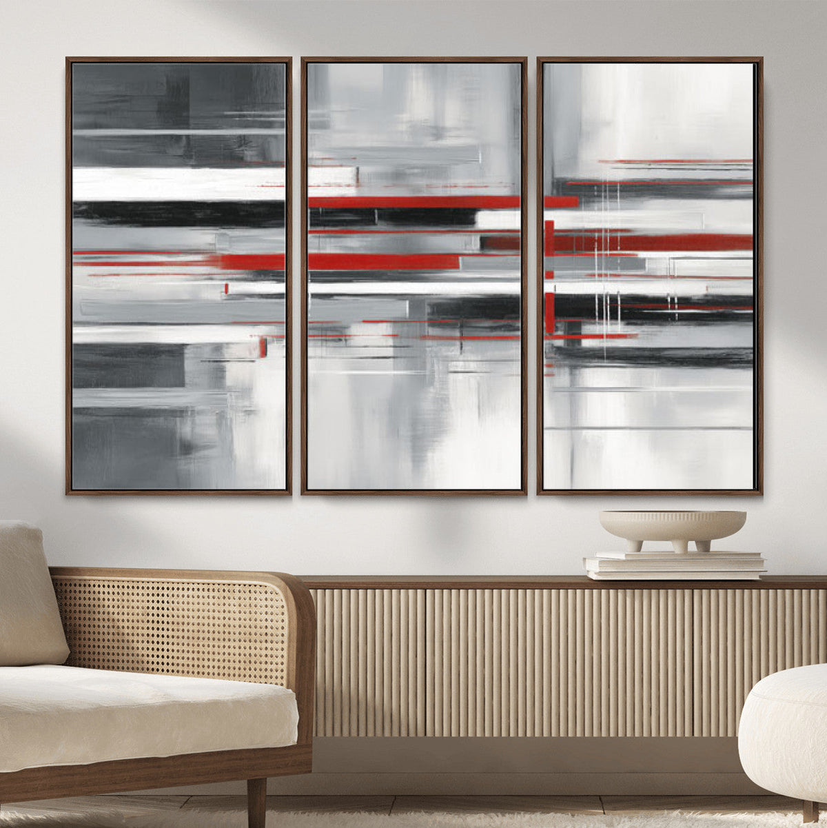 Gray Red Abstract Wall Art Canvas Print, Modern Abstract