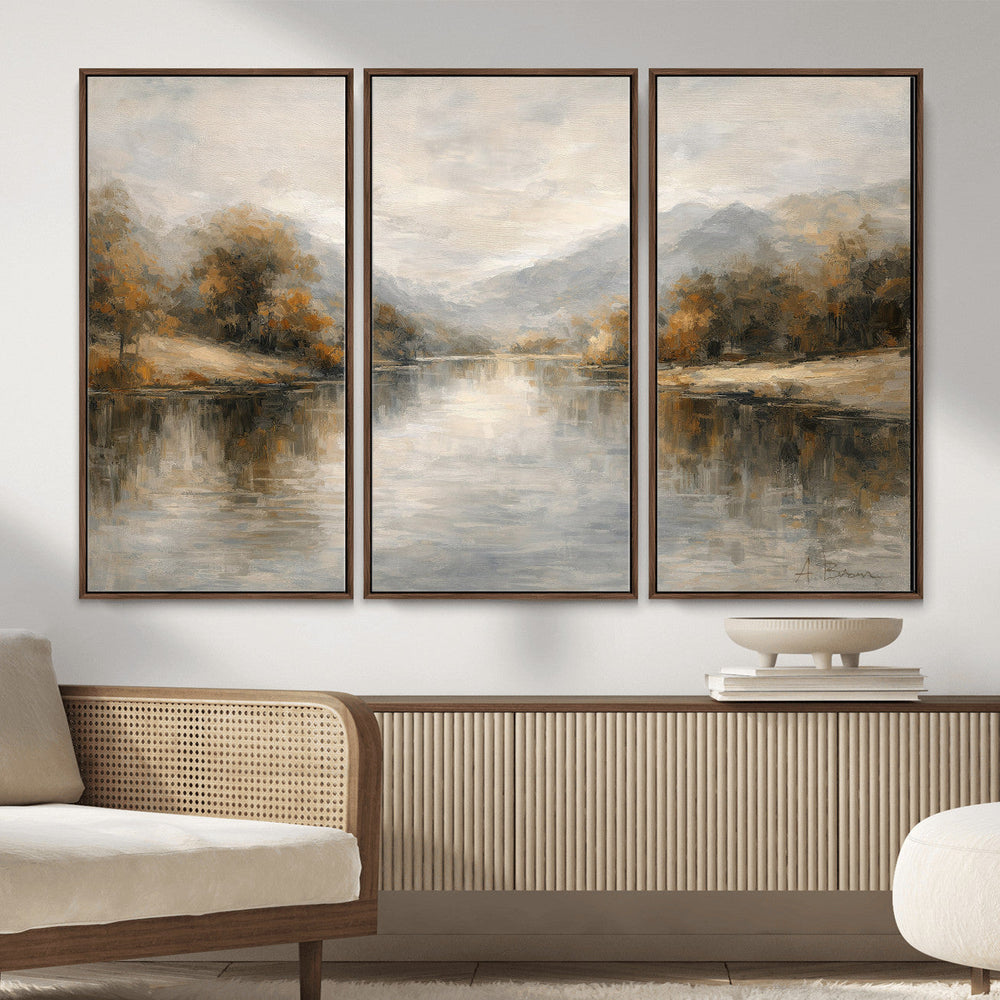 Neutral Abstract River Landscape Wall Art Canvas Print
