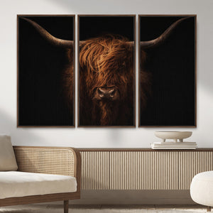 Highland Cow Wall Art Canvas Print – Moody Dark Rustic