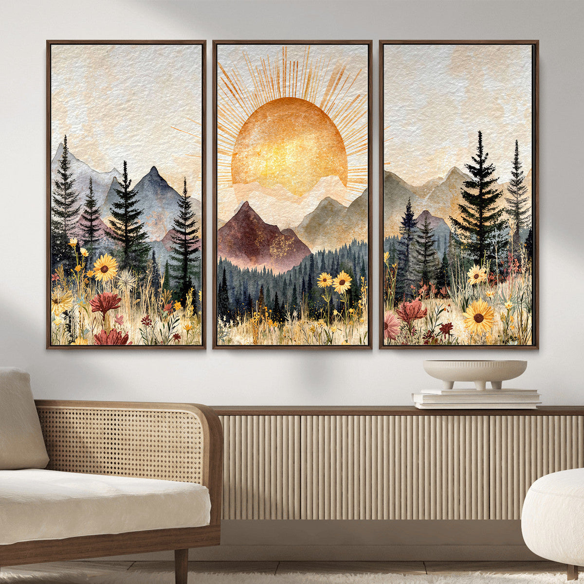 Boho Mountain Landscape Large Wall Art, Horizontal Gold