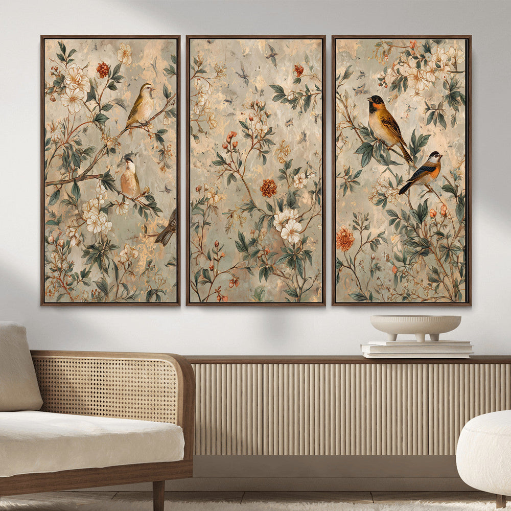 Vintage Birds and Flowers Wall Art Canvas Print, Botanical