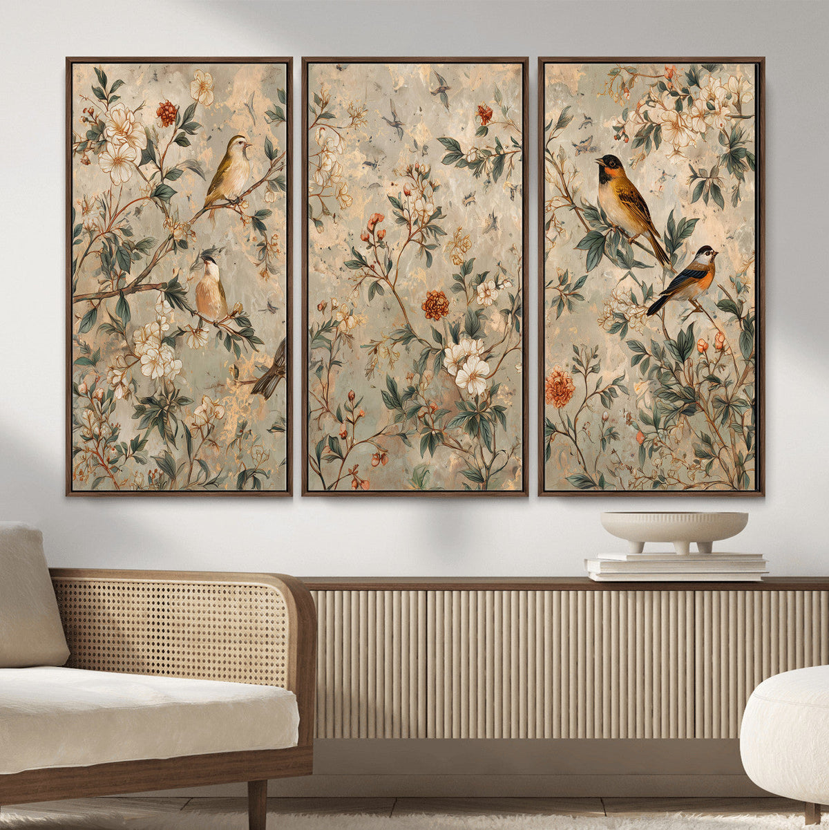 Vintage Birds and Flowers Wall Art Canvas Print, Botanical