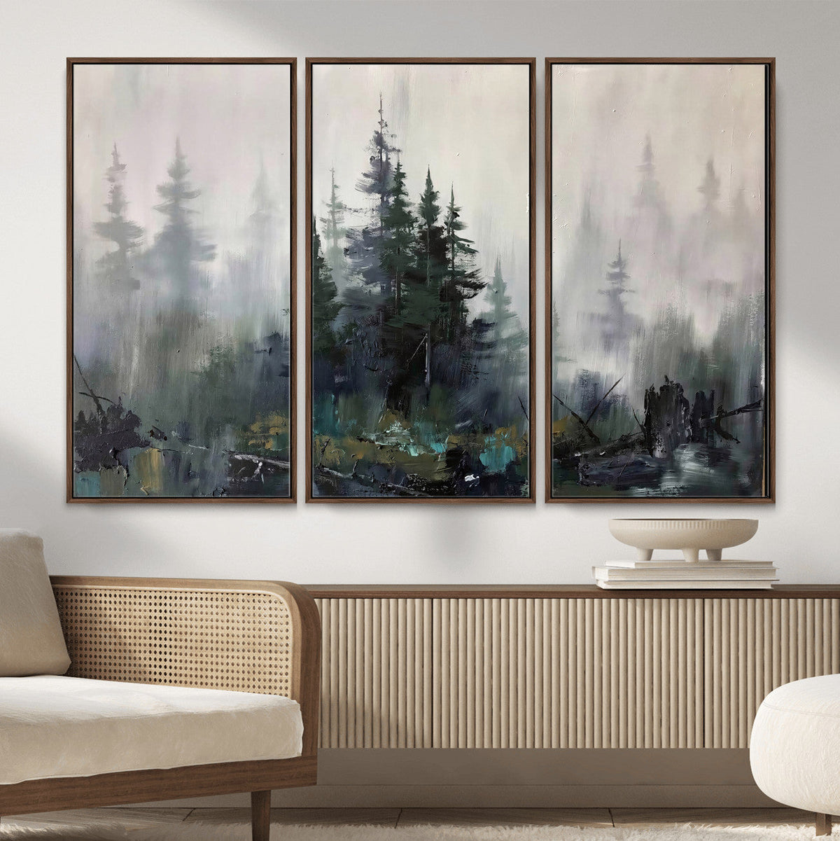 Misty Pine Forest Oil Painting Canvas — Dark Moody Teal Grey