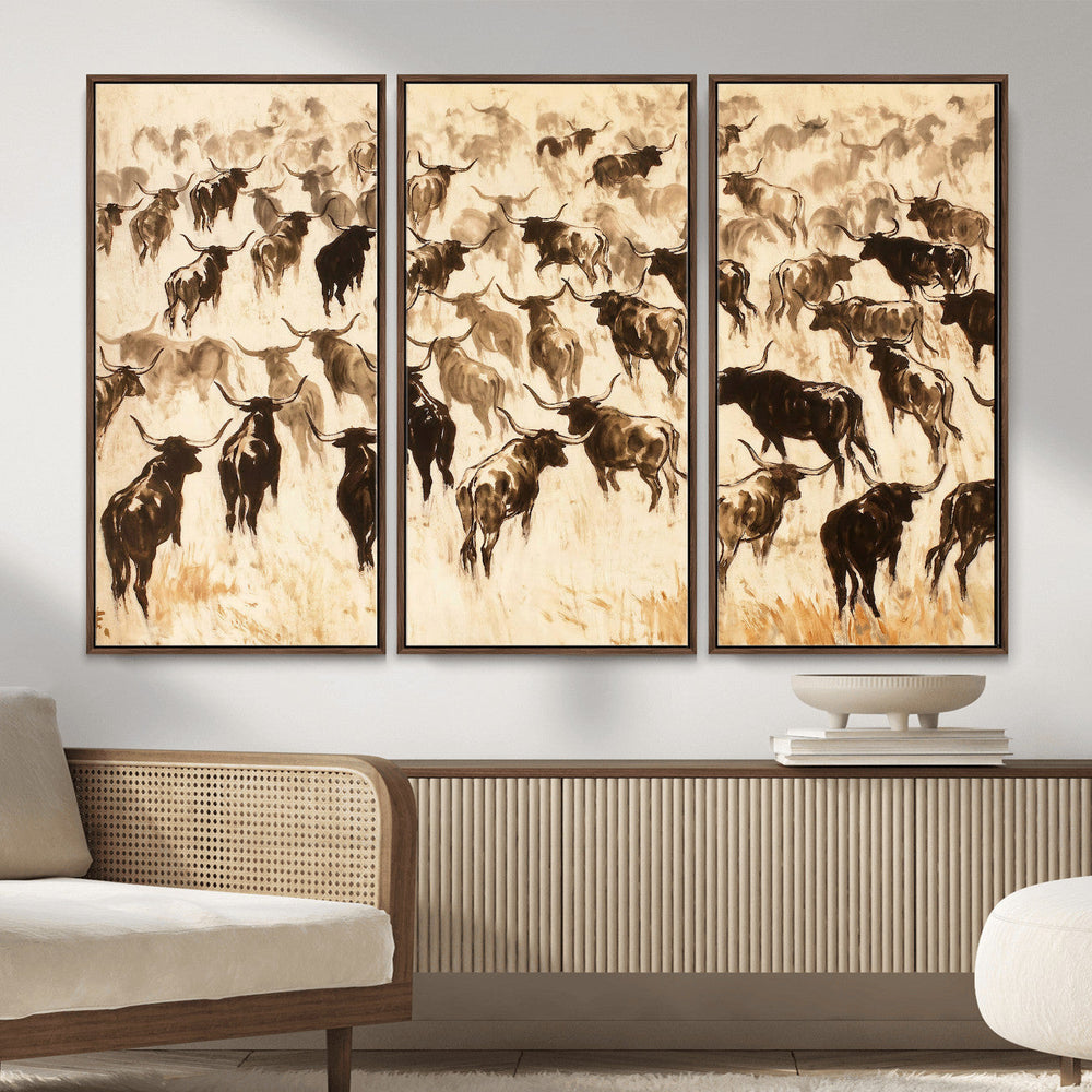 Texas Longhorn Sepia Canvas Wall Art, Western Cattle