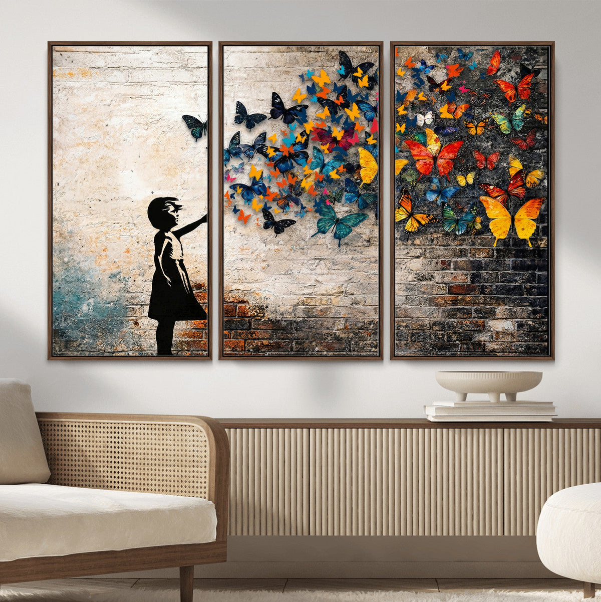 Banksy Graffiti Butterfly Girl Wall Art Canvas Print, Framed