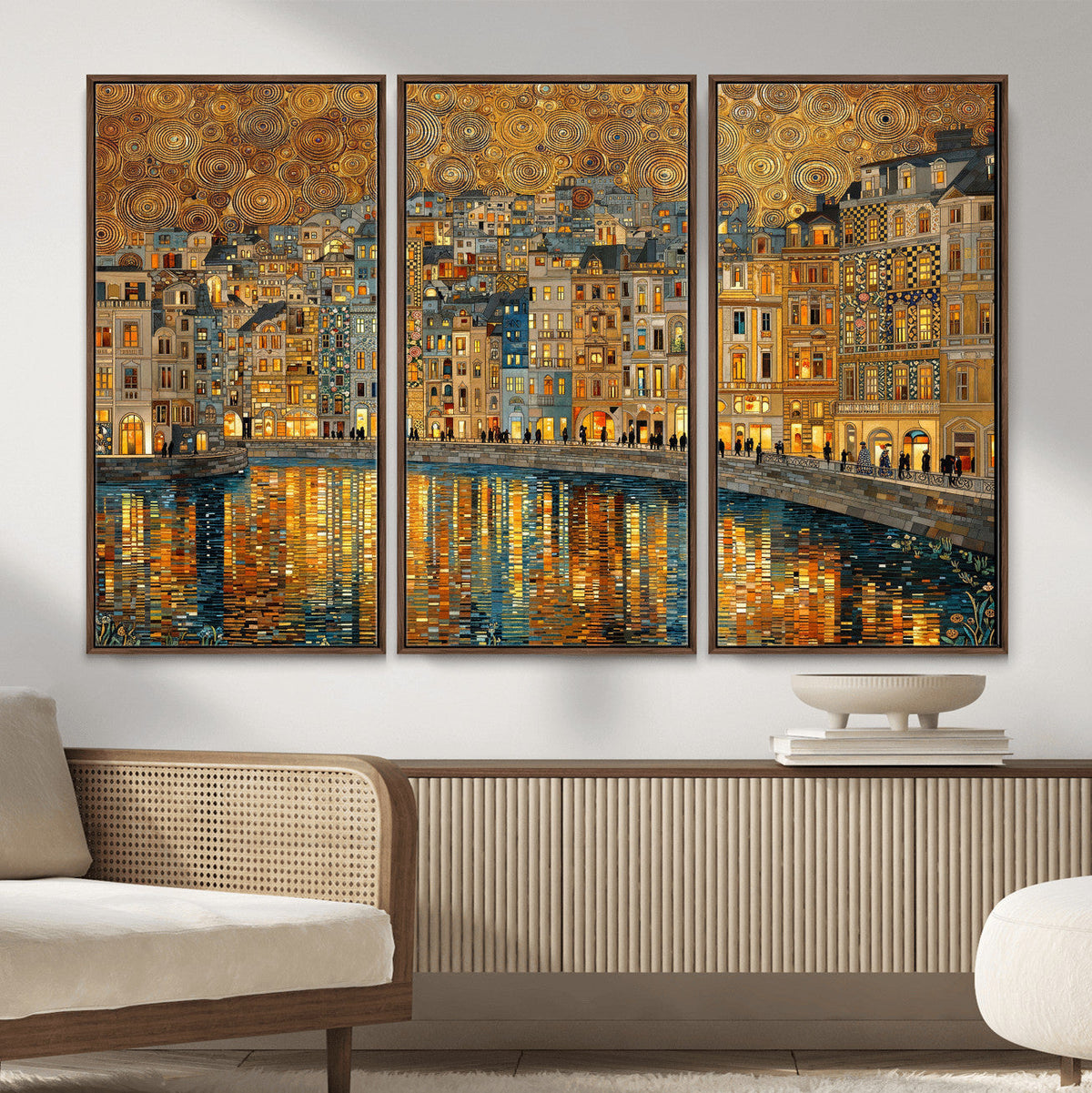 Gustav Klimt Golden Cityscape Wall Art Canvas Print, Framed