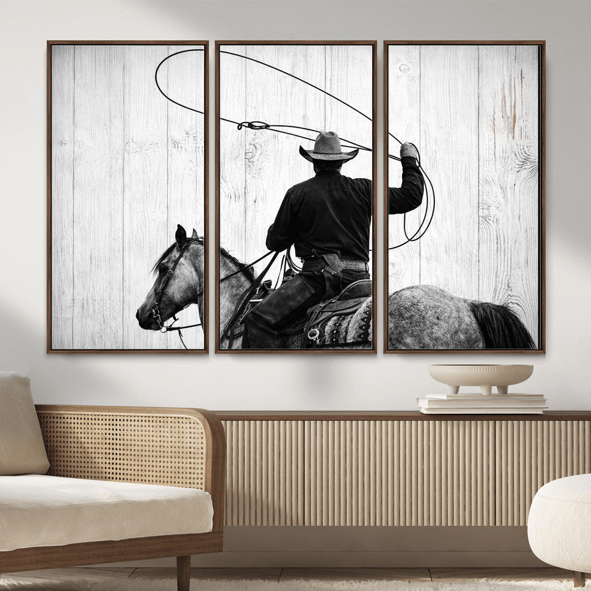 Cowboy Lasso Canvas Wall Art, Black White Western Horse