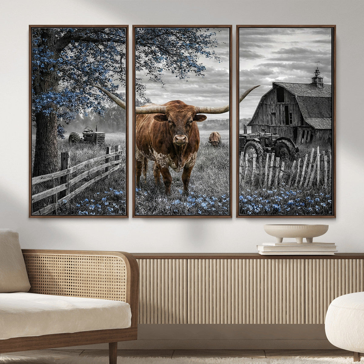 Texas Longhorn Canvas Wall Art, Rustic Farm Barn Bluebonnet