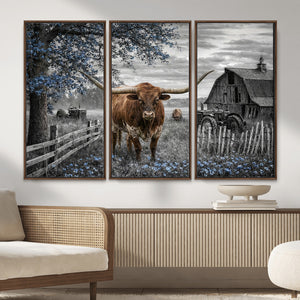 Texas Longhorn Canvas Wall Art, Rustic Farm Barn Bluebonnet