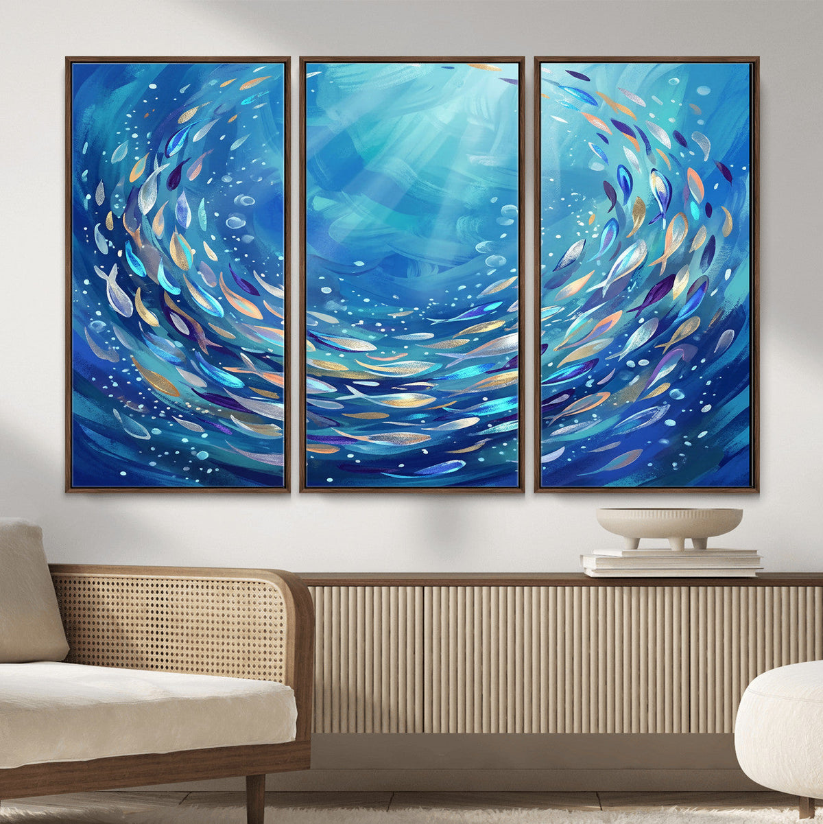 School of Fish Canvas Print | Blue Ocean Underwater Wall Art