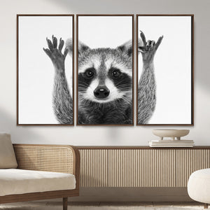 Funny Raccoon Canvas Wall Art, Black White Hands Up Animal Photo Print, Humorous Wildlife Decor, Kids Room Nursery Art, Quirky Animal Gift