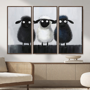 Funny Sheep Canvas Wall Art, Three Quirky Sheep Painting Print, Cute Animal Nursery Decor, Black White Navy Farmhouse Art, Kids Room Gift