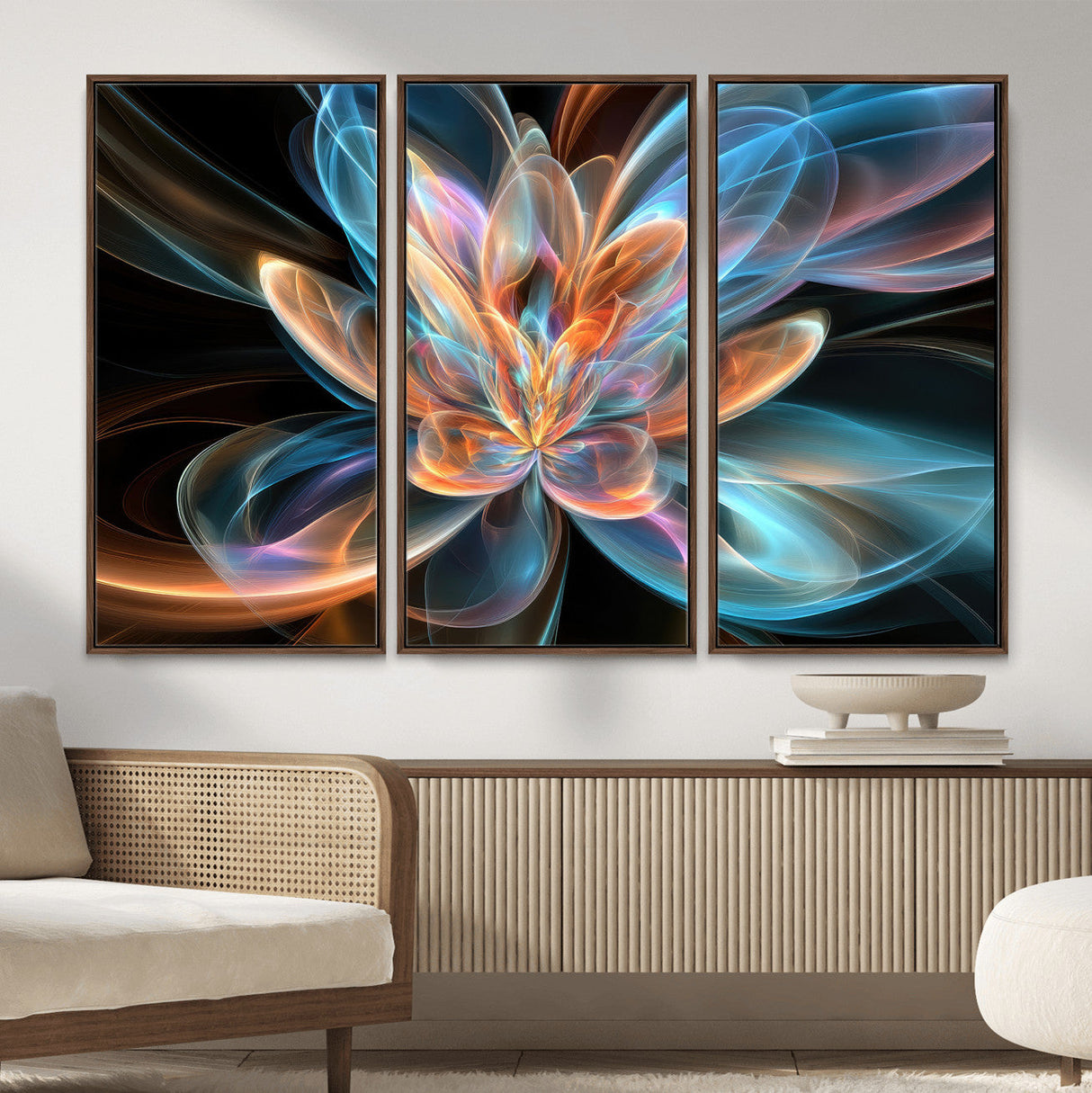Fractal Lotus Canvas Wall Art, Blue Orange Glowing Flower Abstract Print, Modern Zen Meditation Room Decor, Ethereal Digital Art, Living Room