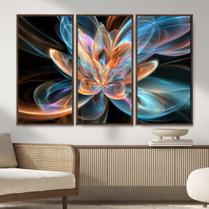 Fractal Lotus Canvas Wall Art, Blue Orange Glowing Flower Abstract Print, Modern Zen Meditation Room Decor, Ethereal Digital Art, Living Room