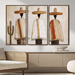 Mexican Wall Art Canvas Print, Southwestern Sombrero Poncho Painting, Neutral Earthy Boho Decor, Fiesta Living Room Art, Impasto Style Print