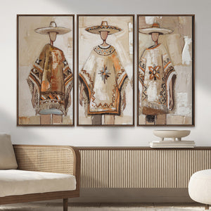 Mexican Folk Art Canvas Wall Art, Charro Poncho Sombrero Painting Print, Neutral Beige Boho Decor, Southwestern Impasto Style, Living Room Art