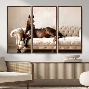 Funny Horse on Sofa Canvas Wall Art, Quirky Horse Lounging Photo Print, Whimsical Animal Decor, Living Room Conversation Art, Horse Lover Gift