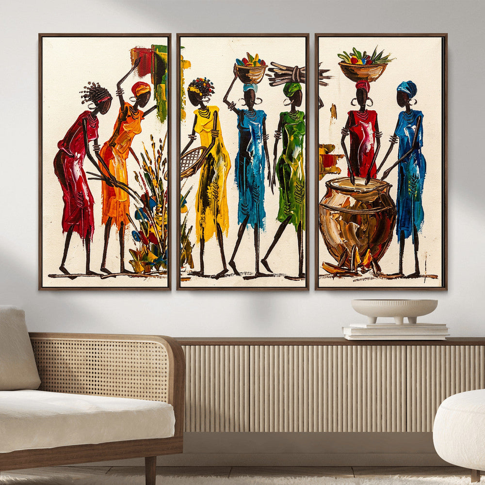 African Folk Art Canvas Wall Art, Colorful African Women Village Painting Print, Tribal Ethnic Home Decor, Vibrant African Art, Living Room