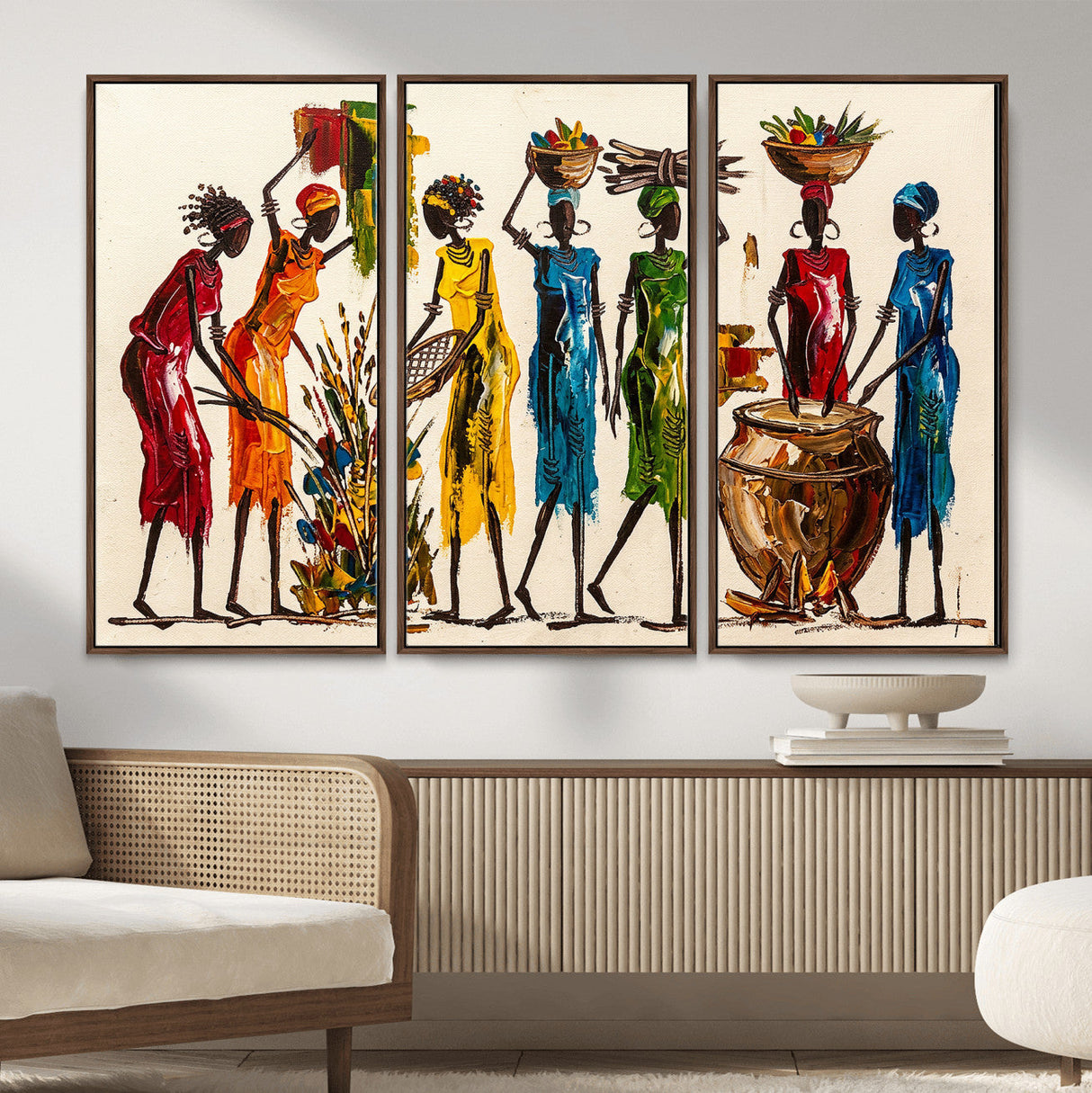 African Folk Art Canvas Wall Art, Colorful African Women Village Painting Print, Tribal Ethnic Home Decor, Vibrant African Art, Living Room