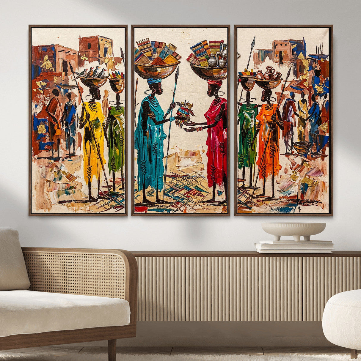 African Folk Art Canvas Wall Art, Colorful African Women Village Painting Print, Tribal Ethnic Home Decor, Vibrant African Art, Living Room