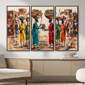 African Folk Art Canvas Wall Art, Colorful African Women Village Painting Print, Tribal Ethnic Home Decor, Vibrant African Art, Living Room