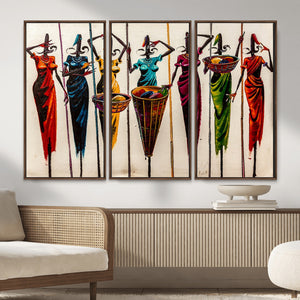African Folk Art Canvas Wall Art, Colorful African Women Village Painting Print, Tribal Ethnic Home Decor, Vibrant African Art, Living Room