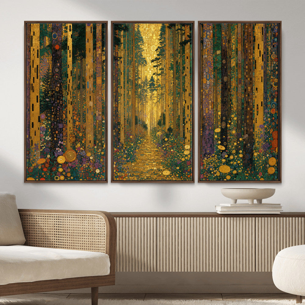 Gustav Klimt Style Forest Canvas Wall Art, Golden Forest Path Floral Art Nouveau Print, Enchanted Woodland Decor