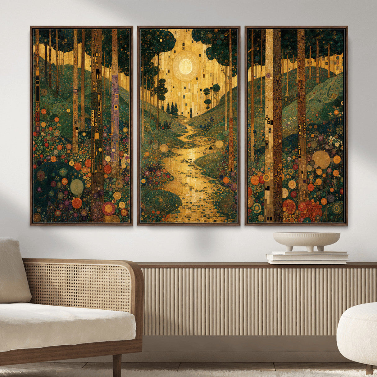 Gustav Klimt Style Forest Canvas Wall Art, Golden Forest Path Floral Art Nouveau Print, Enchanted Woodland Decor