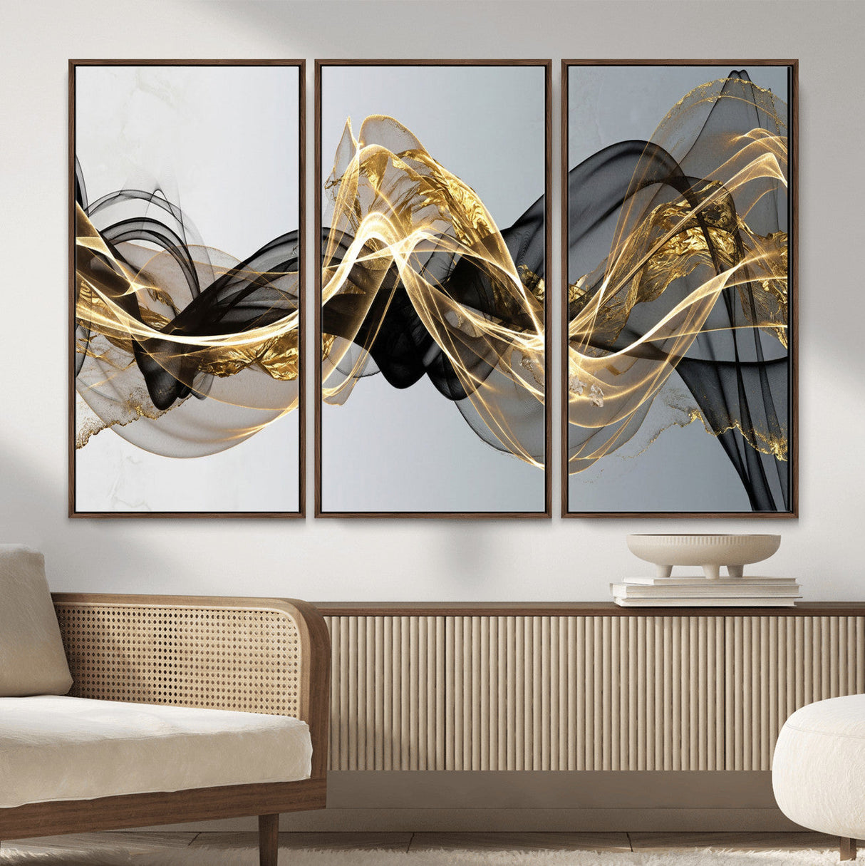 Black and Gold Abstract Wall Art, Modern Wave Canvas Print, Elegant Flowing Smoke Art, Luxury Living Room Decor