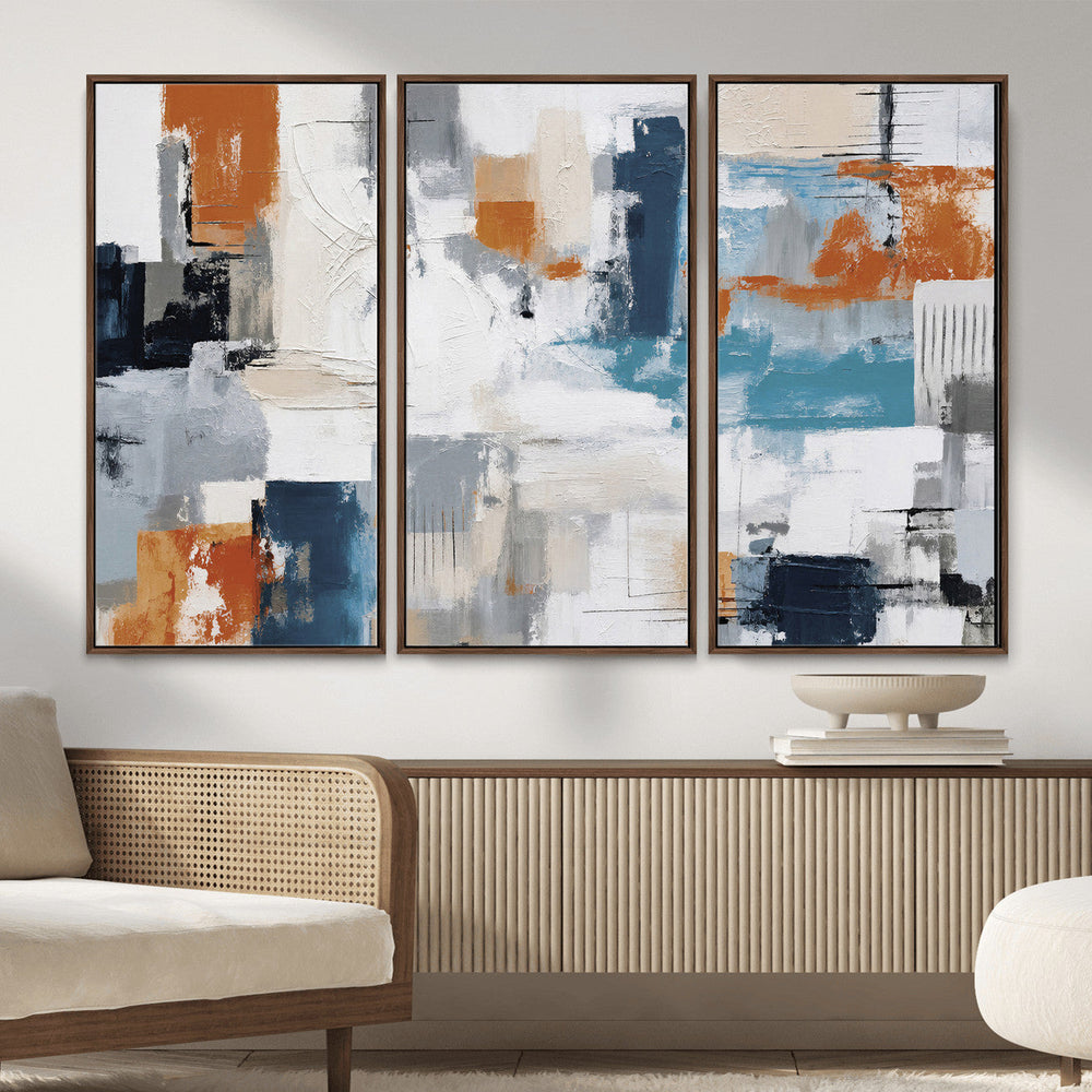 Blue Teal Abstract Canvas Wall Art, Modern Textured Painting Print, Navy Orange White Contemporary Art, Neutral Living Room Decor, Office Art