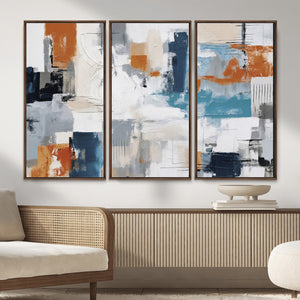 Blue Teal Abstract Canvas Wall Art, Modern Textured Painting Print, Navy Orange White Contemporary Art, Neutral Living Room Decor, Office Art