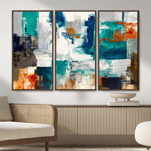 Blue Teal Abstract Canvas Wall Art, Modern Textured Painting Print, Navy Orange White Contemporary Art, Neutral Living Room Decor, Office Art