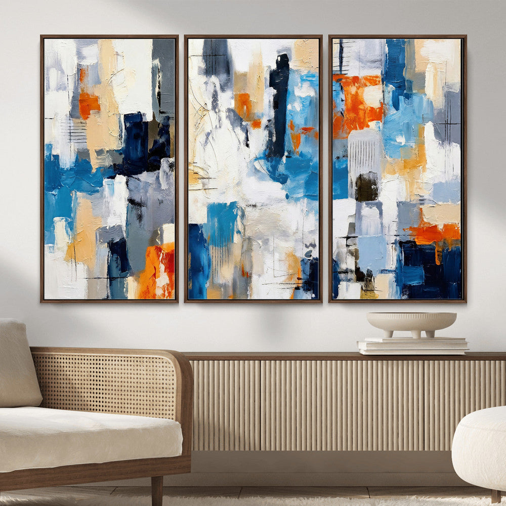 Blue Teal Abstract Canvas Wall Art, Modern Textured Painting Print, Navy Orange White Contemporary Art, Neutral Living Room Decor, Office Art