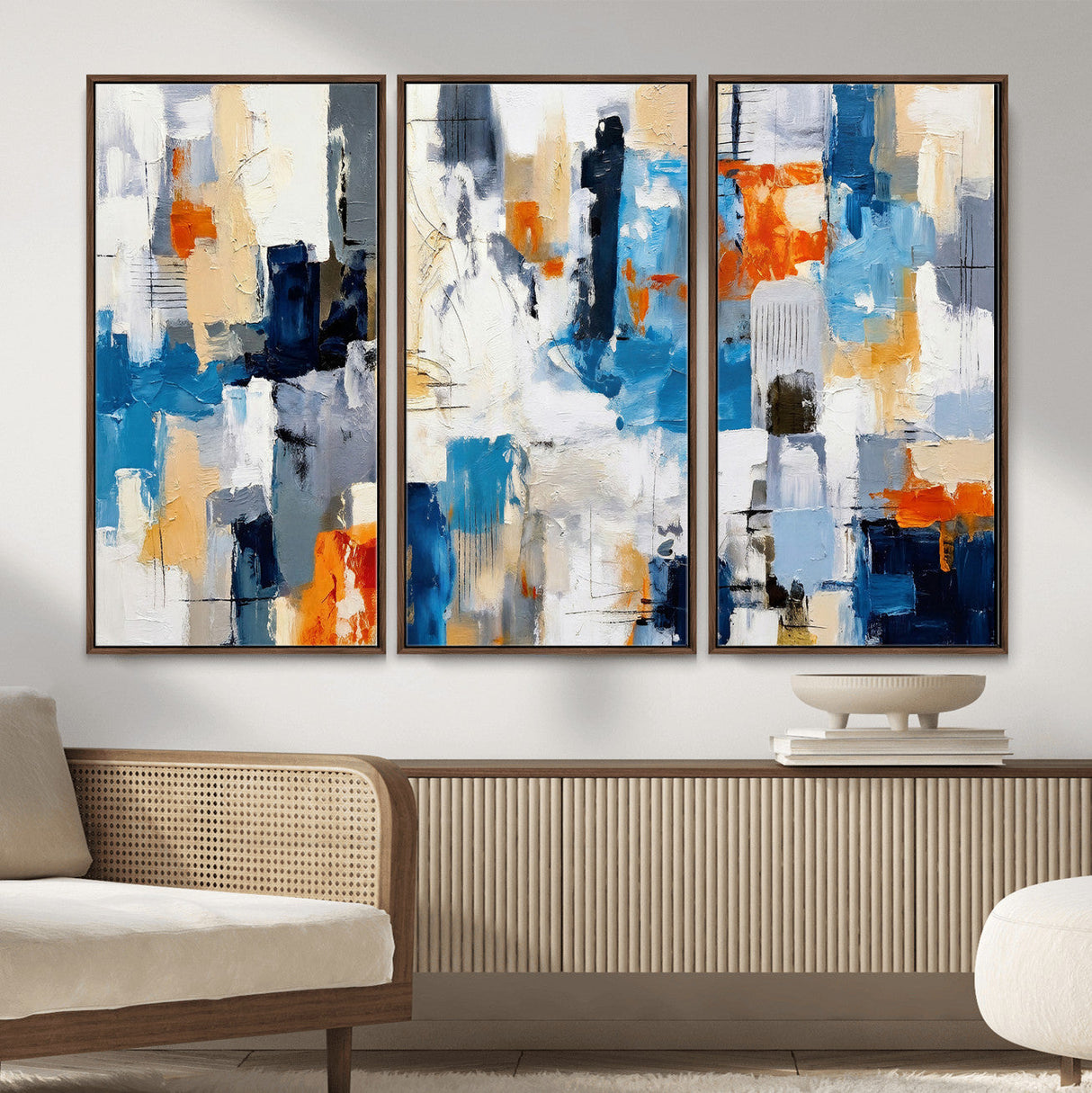 Blue Teal Abstract Canvas Wall Art, Modern Textured Painting Print, Navy Orange White Contemporary Art, Neutral Living Room Decor, Office Art