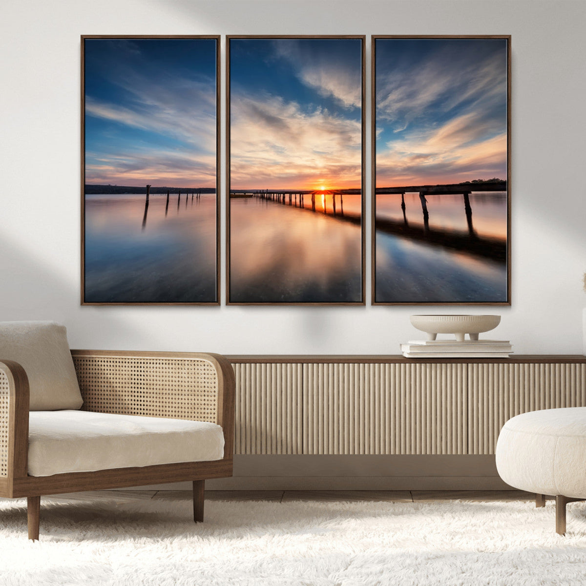 Wooden Pier on Seascape and Sunset Wall Art Canvas Print