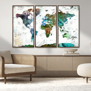 Modern Watercolor World Map Canvas Wall Art – Framed