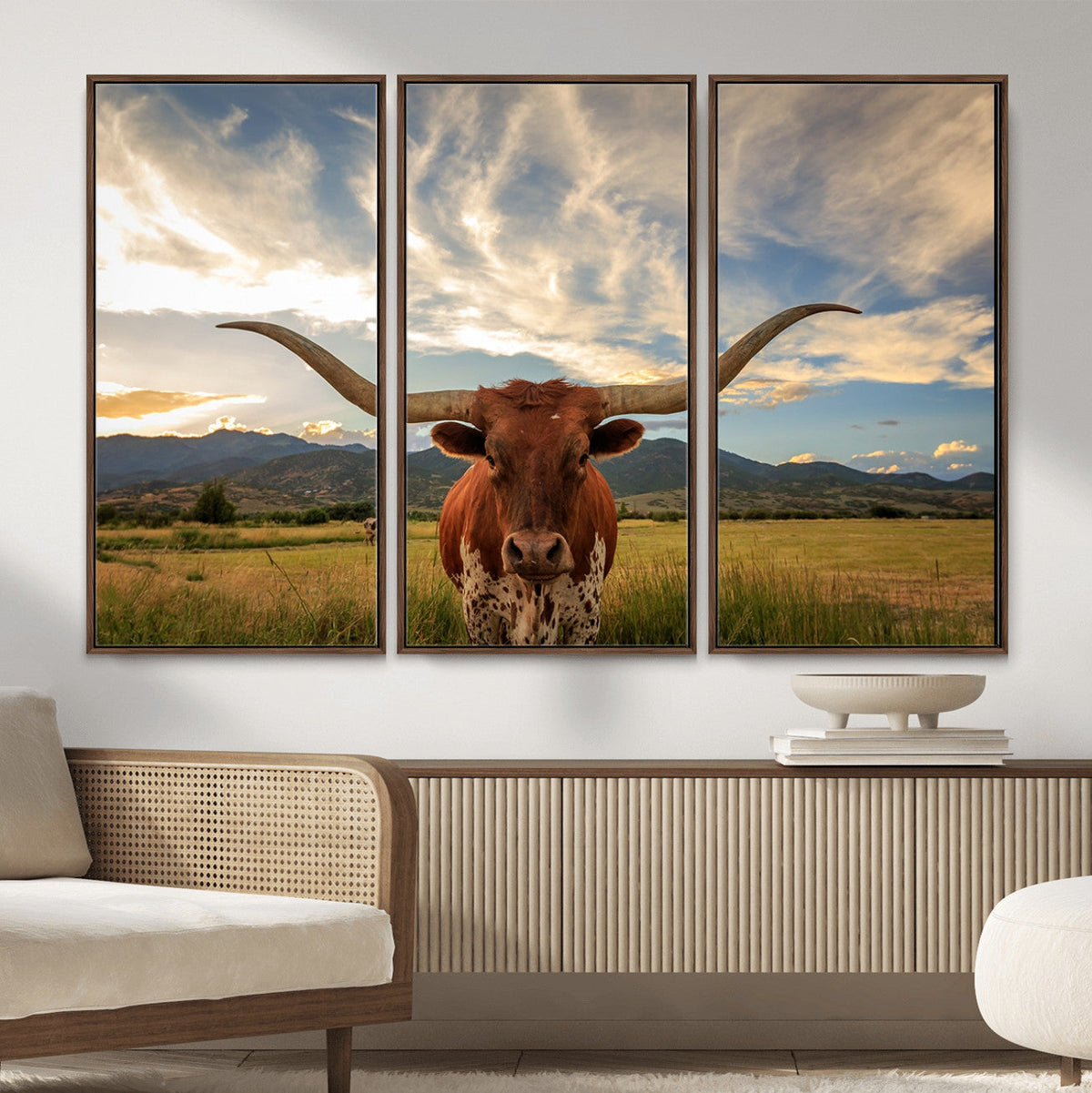 Texas Longhorn Canvas Wall Art – Majestic Triptych Animal