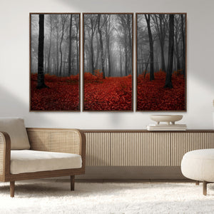 Red Forest Floor Canvas Wall Art – Mystical Foggy Woodland