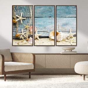 Seashells on Rustic Wooden Background, Seashells Wall Art