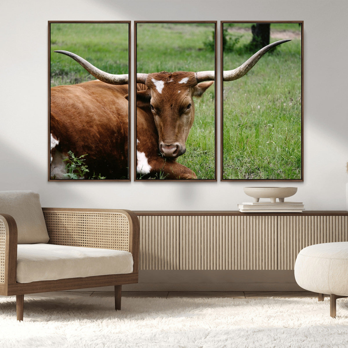 Longhorn Steer Canvas Wall Art – Rustic Nature Triptych