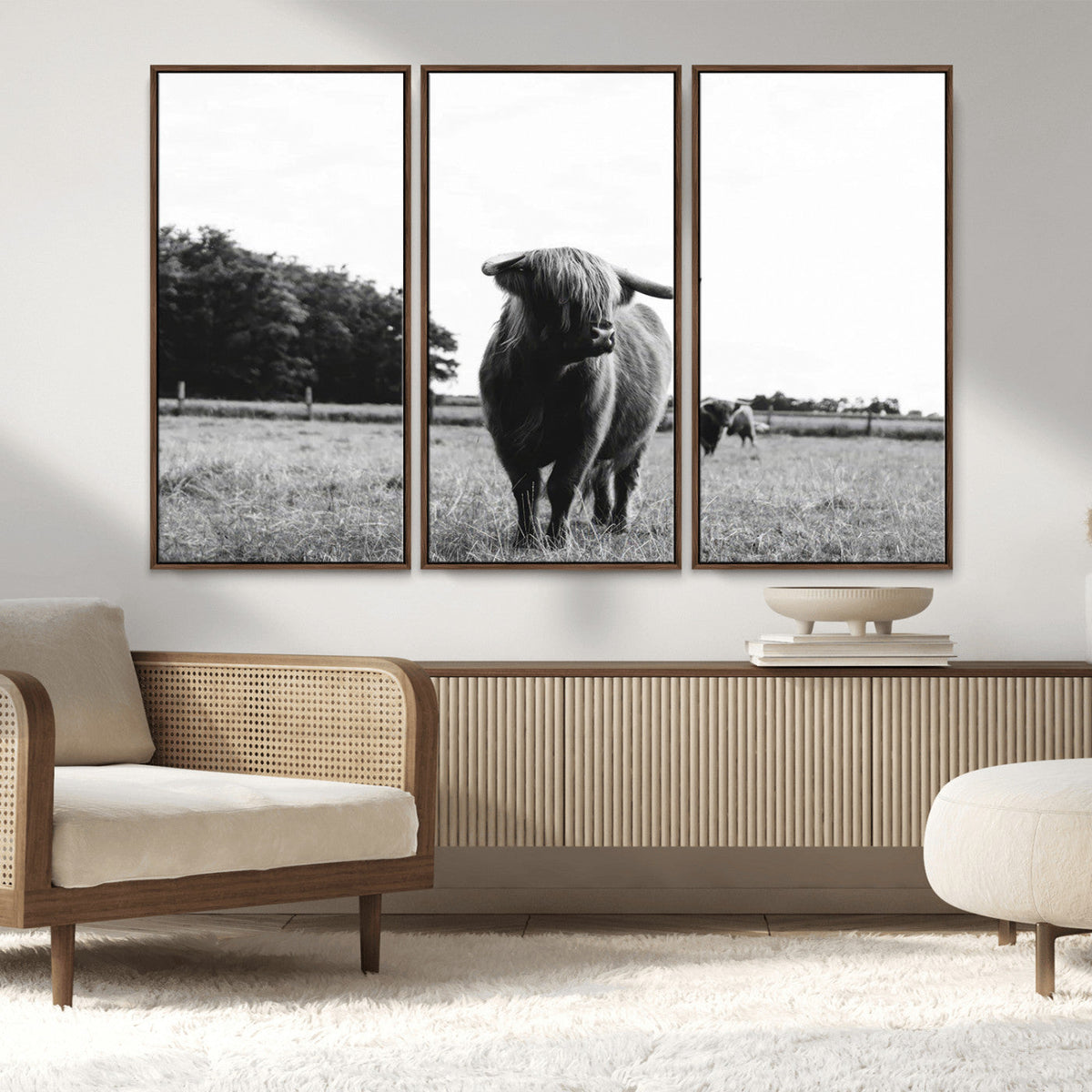 Black and White Highland Cow Wall Art Canvas Print | Rustic