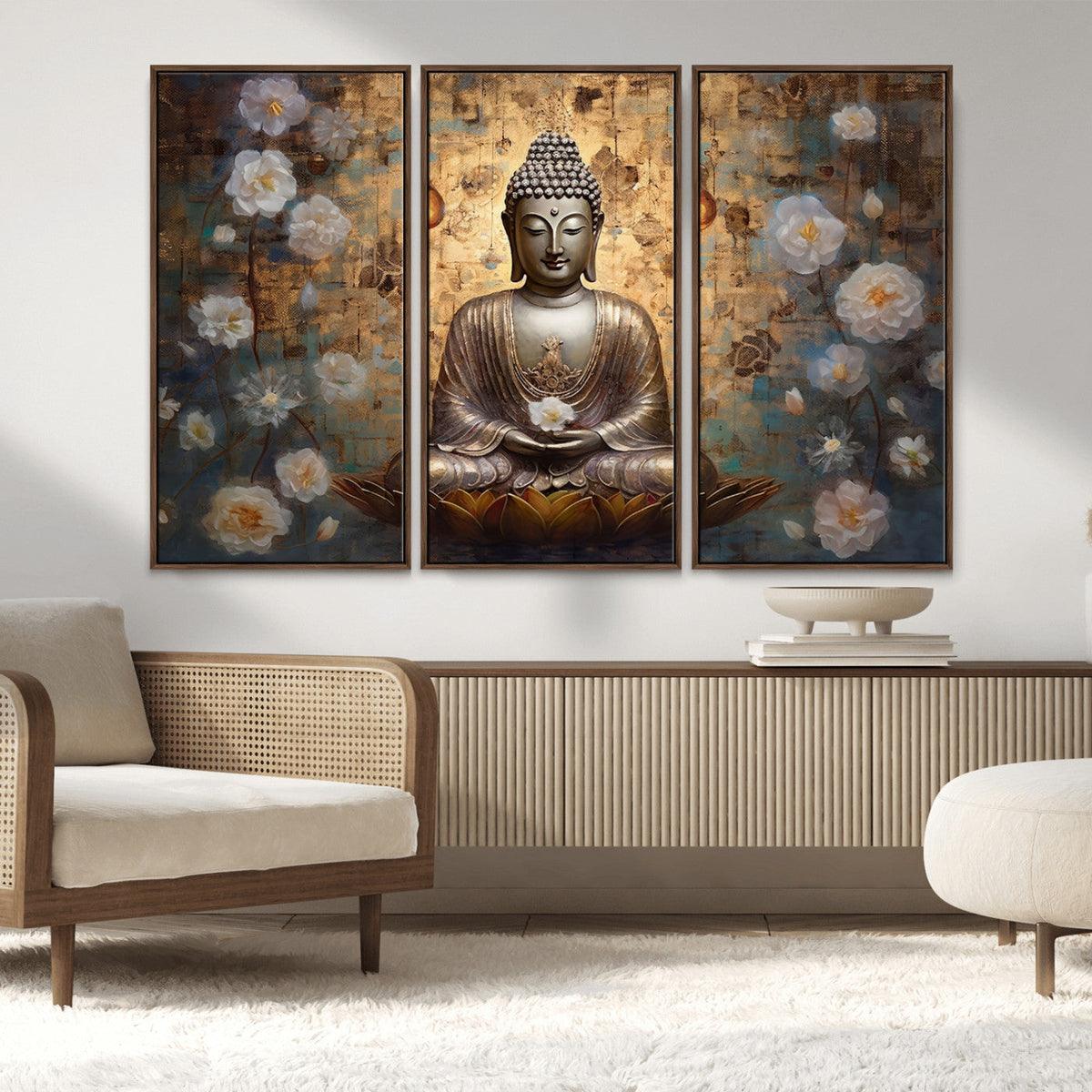 Golden Buddha Wall Art Canvas Print | Zen Meditation Floral