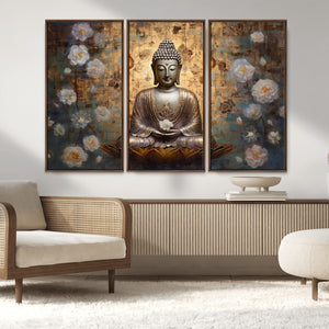 Golden Buddha Wall Art Canvas Print | Zen Meditation Floral