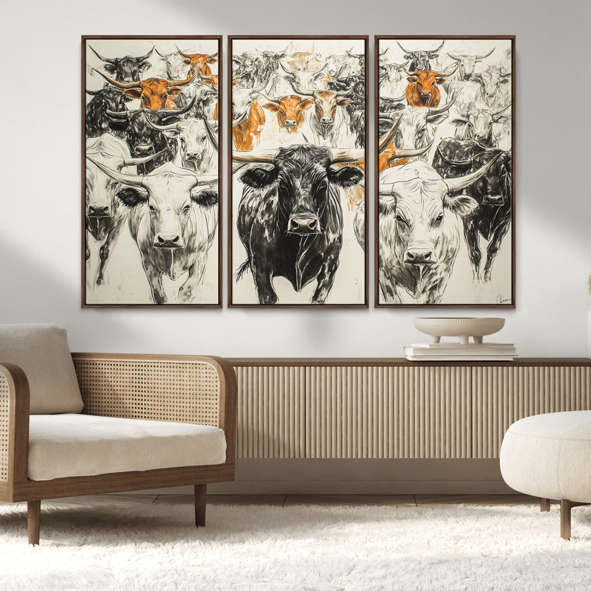 Farmhouse Wall Art | Western Longhorn Cattle Canvas Print |