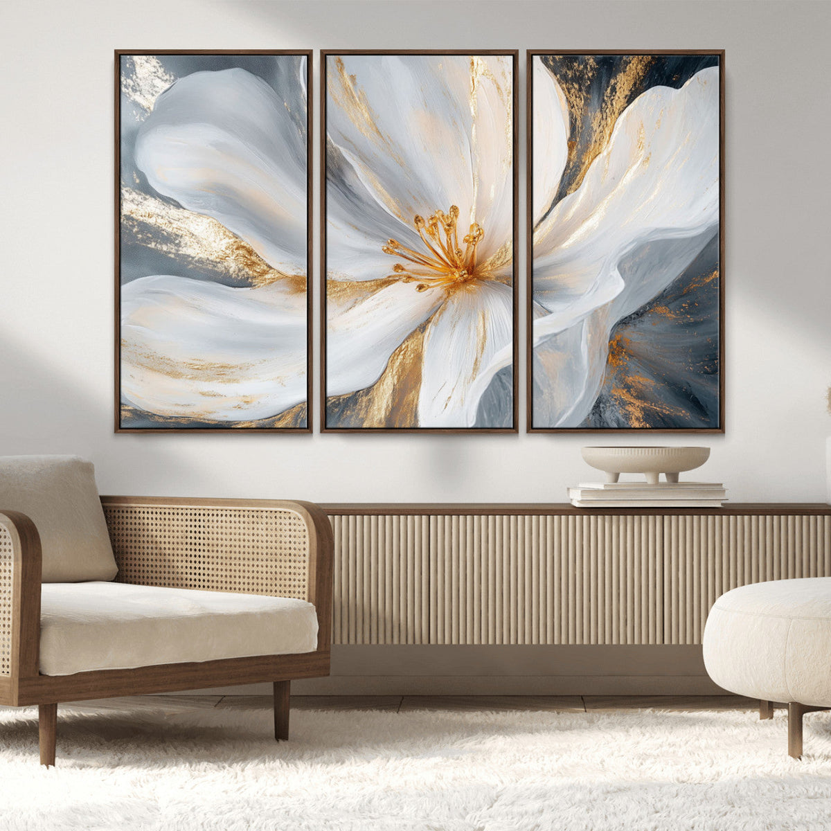 White and Gold Floral Canvas Wall Art - Framed and Ready to