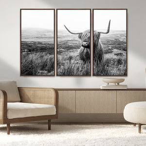 Scottish Highland Cow Wall Art | Black and White Canvas
