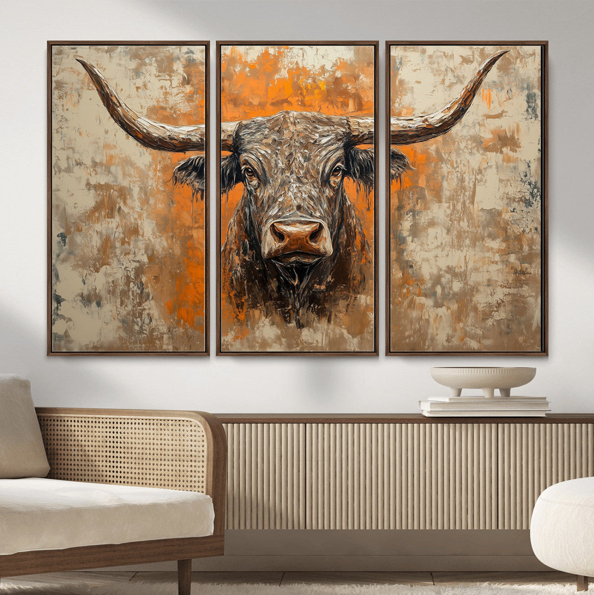 Abstract Cow Longhorn Bull Wall Art Canvas Print - Rustic
