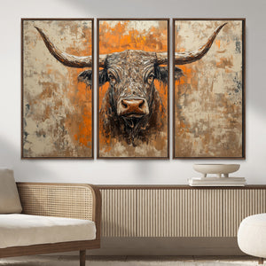 Abstract Cow Longhorn Bull Wall Art Canvas Print - Rustic