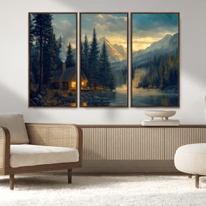 Mountain Cabin by the Lake at Sunset Wall Art - Serene
